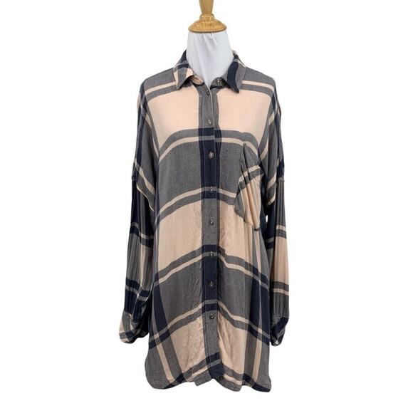 Free People Shirt Womens M Medium Plaid Button Up Oversized Thin Flannel Tunic - Picture 1 of 16